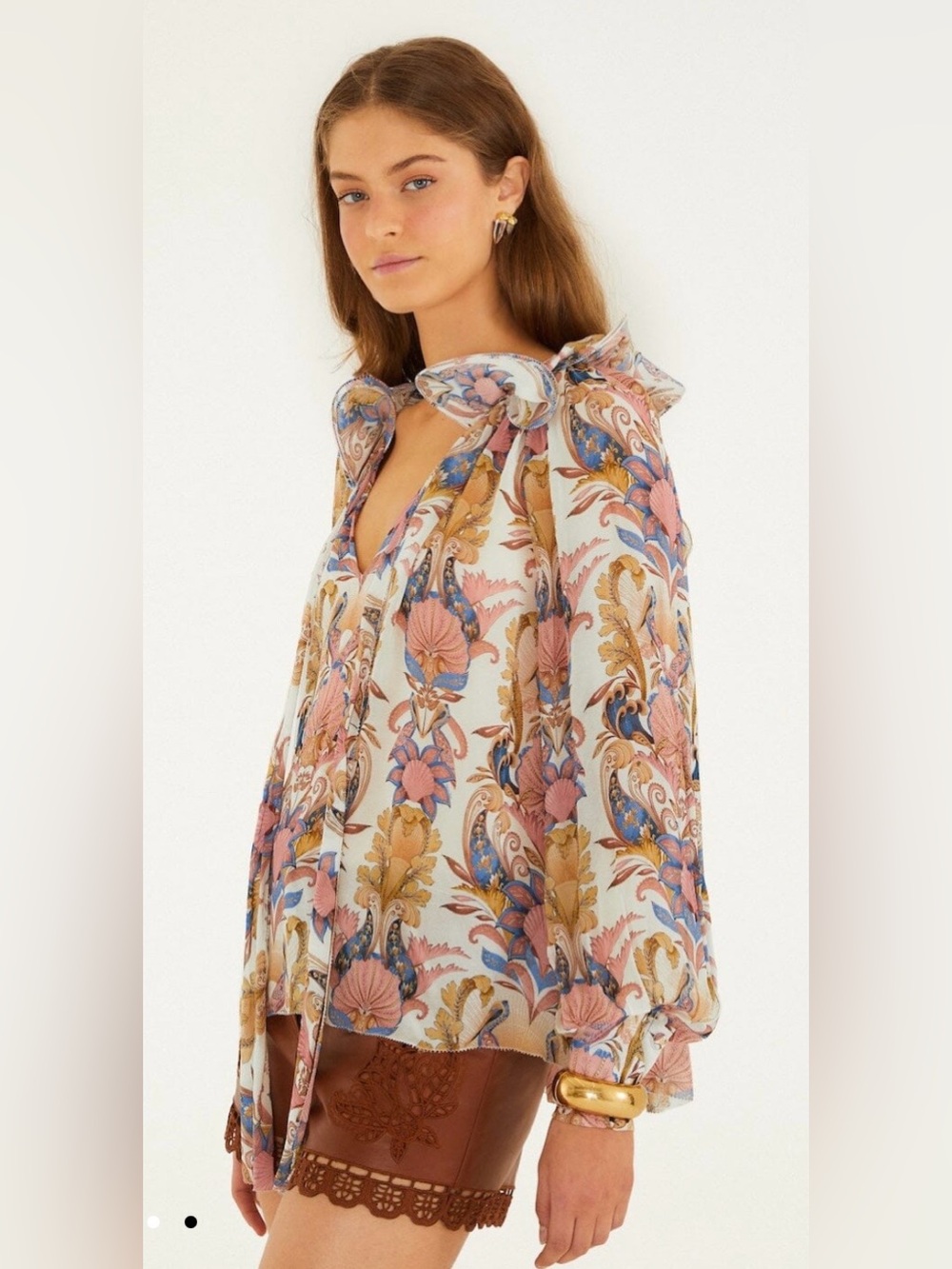 FARM Rio NWT Off-White Sea Garden Ruffled Long Sleeve Blouse